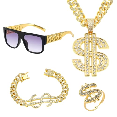 Topcosplay 5er set Zuhälter Kostüm, 70er 80er Jahre Hippie Hip Hop Kostüm Herren, Halsketten Armbänder Sonnenbrillen Ringe für Fasching Karneval (5) von Topcosplay