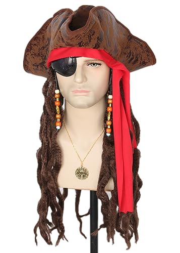 Topcosplay Piratenhut mit Augenklappe Halsketten Ohrringe Piraten Mütze für das perfekte Piratenkostüm zum Fasching und Karneval (Braun) von Topcosplay