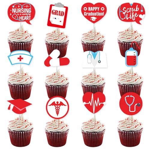 24 Stück Cupcake-Topper für Krankenpfleger, Krankenschwester-Abschluss-Cupcake-Picks für Krankenschwester, medizinische Rn-Motto-Abschluss-Geburtstagsfeier, Kuchendekorationen von Topfunyy