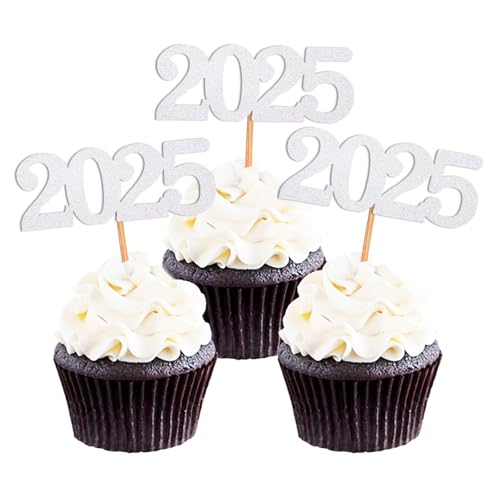 24er-Pack Cupcake-Topper zum Neujahr, silberne Glitzerzahl 2025, Neujahrs-Kuchen-Topper, Essensspieße, Dekorationen für 2025, Neujahr, Geburtstag, Abschlussfeier, Hochzeitsfeier, Gastgeschenke von Topfunyy