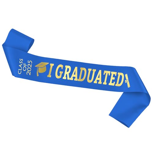 Topfunyy 2024 Blaue Schärpe für den Schulabschluss, Goldener Glitzer-Buchstabe „I Graduated“, Schärpe mit blauen Flecken für 2024-Abschlussparty-Zubehör von Topfunyy