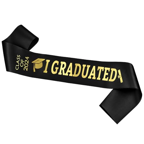 Topfunyy 2024 Schwarze Abschlussschärpe mit goldenem Glitzer-Buchstabe „I Graduated“-Fleckenschärpe für 2024-Abschlussparty-Dekorationen von Topfunyy