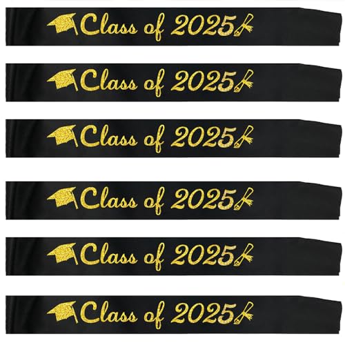 Topfunyy 6 Stück schwarze Abschlussschärpe mit goldenem Glitzer, Klasse 2025, Abschlussschärpe für Abschlussfeier 2025 von Topfunyy