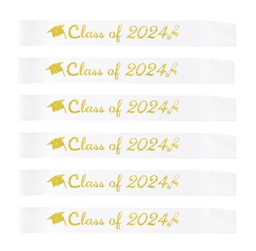 Topfunyy 6 Stück weiße Abschlussschärpe mit goldenem Glitzer, Abschlussschärpe der Klasse 2024, Abschlussschärpe für die Abschlussfeier 2024 von Topfunyy