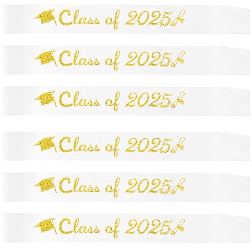 Topfunyy 6 Stück weiße Abschlussschärpe mit goldenem Glitzer, Abschlussschärpe der Klasse 2025, Abschlussschärpe für die Abschlussfeier 2025 von Topfunyy