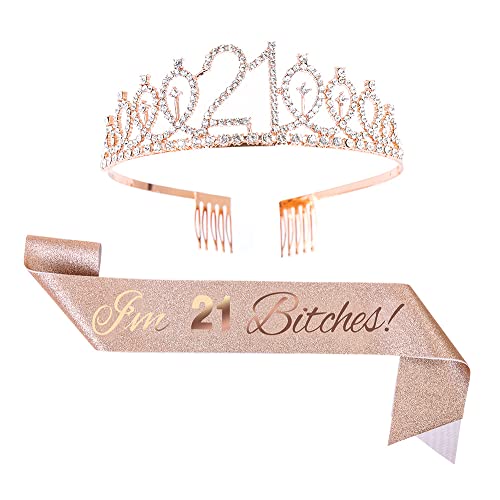 Topfunyy Diadem und Schärpe zum 21. Geburtstag – "I'm 21 Bitches" – Rotgold Schärpe Kristall Krone Geburtstagsgeschenk für Mädchen 21. Geburtstag Party Supplies Topfunyy Diadem und Schärpe zum 21. Geburtstag – "I'm 21 Bitches" – Rotgold Schärpe Kristall Krone Geburtstagsgeschenk für Mädchen 21. Geburtstag Party Supplies von Topfunyy
