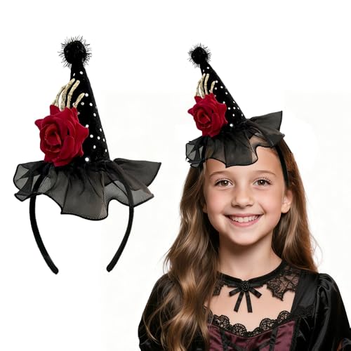 Topfunyy Halloween Zauberer Hut mit Totenkopf Hand und Rose - Gruseliger Mini Hexenhut Kostüm Zubehör für Cosplay, Dress Up und Halloween Party Dekorationen von Topfunyy