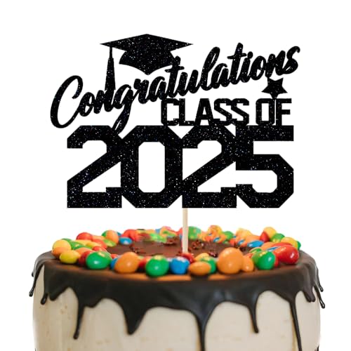 Tortenaufsatz mit Aufschrift "Congratulations Class of 2025", schwarzer Glitzer, 2025 Abschlussfeier, Kuchendekorationen für Congrats Grade High School/College Graduation Party Dekorationen von Topfunyy