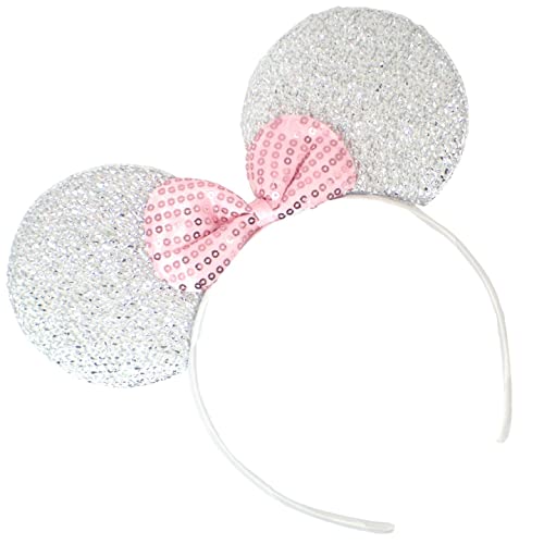 Topkids Accessories Mausohren, Mäuse, Ohren, Maus, Ohren, Stirnband, gepunktete Schleife, glitzernde Maus-Ohren, für Erwachsene, Kinder (weißer glitzernder Stoff mit rosa Paillettenschleife) von Topkids Accessories