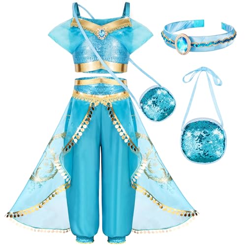 Arabisches Prinzessinnen-Kostüm für kleine Mädchen, Geburtstags-Cosplay-Party-Kostüm für Kinder, mit kleiner Tasche mit Pailletten, 3T 4T Stirnband Arabisches Prinzessinnen-Kostüm für kleine Mädchen, Geburtstags-Cosplay-Party-Kostüm für Kinder, mit kleiner Tasche mit Pailletten, 3T 4T Stirnband von Topney