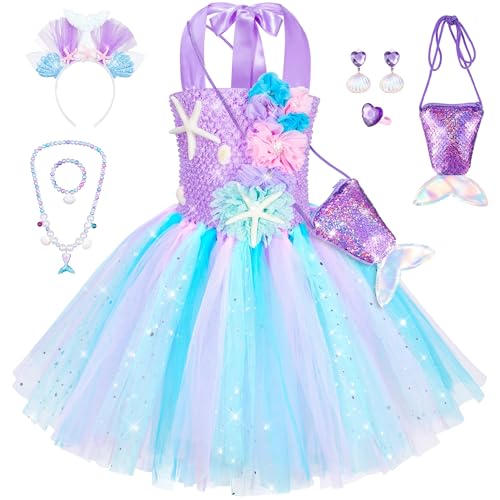 Mädchen Tutu Kleid - Meerjungfrau Prinzessin Ariel Kostüm mit Stirnband, Tasche, Halskette, Ohrringe, Armband, Hellviolett, 2-3 Jahre von Topney