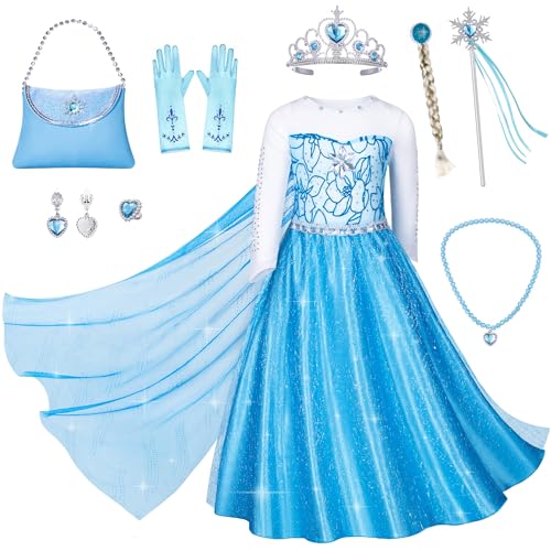 Topney Blaues Prinzessinnen-Kostüm für kleine Mädchen, Geburtstagsparty, Kleid mit Handtasche, Perücke, Krone, Handschuh, Zubehör, 3T, 4T Topney Blaues Prinzessinnen-Kostüm für kleine Mädchen, Geburtstagsparty, Kleid mit Handtasche, Perücke, Krone, Handschuh, Zubehör, 3T, 4T von Topney
