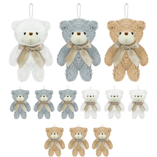 Topoloar 12 Stück Mini Stoffteddybären 12 cm (4,7 Zoll) – Kleine Plüschbären im Bulk-Set für DIY-Schlüsselanhänger, Geburtstagsfeiern, Baby-Shower (Weiß + Braun + Grau) (weiß + braun + grau) von Topoloar