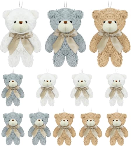 Topoloar 12 Stück Mini Stoffteddybären 12 cm (4,7 Zoll) – Kleine Plüschbären im Bulk-Set für DIY-Schlüsselanhänger, Geburtstagsfeiern, Baby-Shower (Weiß + Braun + Grau) von Topoloar