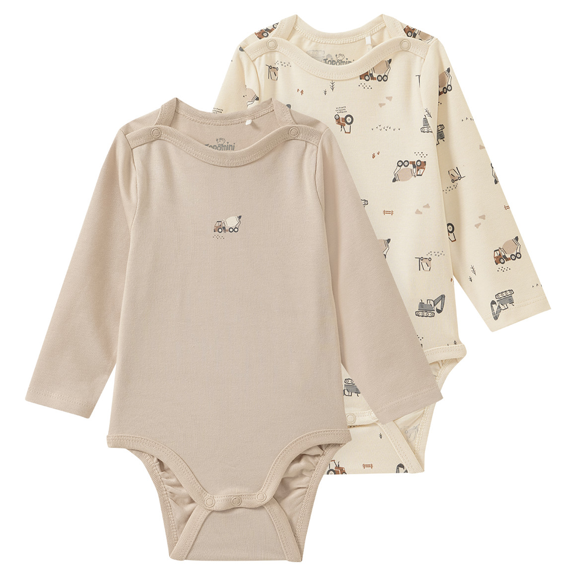 2 Baby Langarmbodys mit Fahrzeug-Prints 2 Baby Langarmbodys mit Fahrzeug-Prints von Topomini