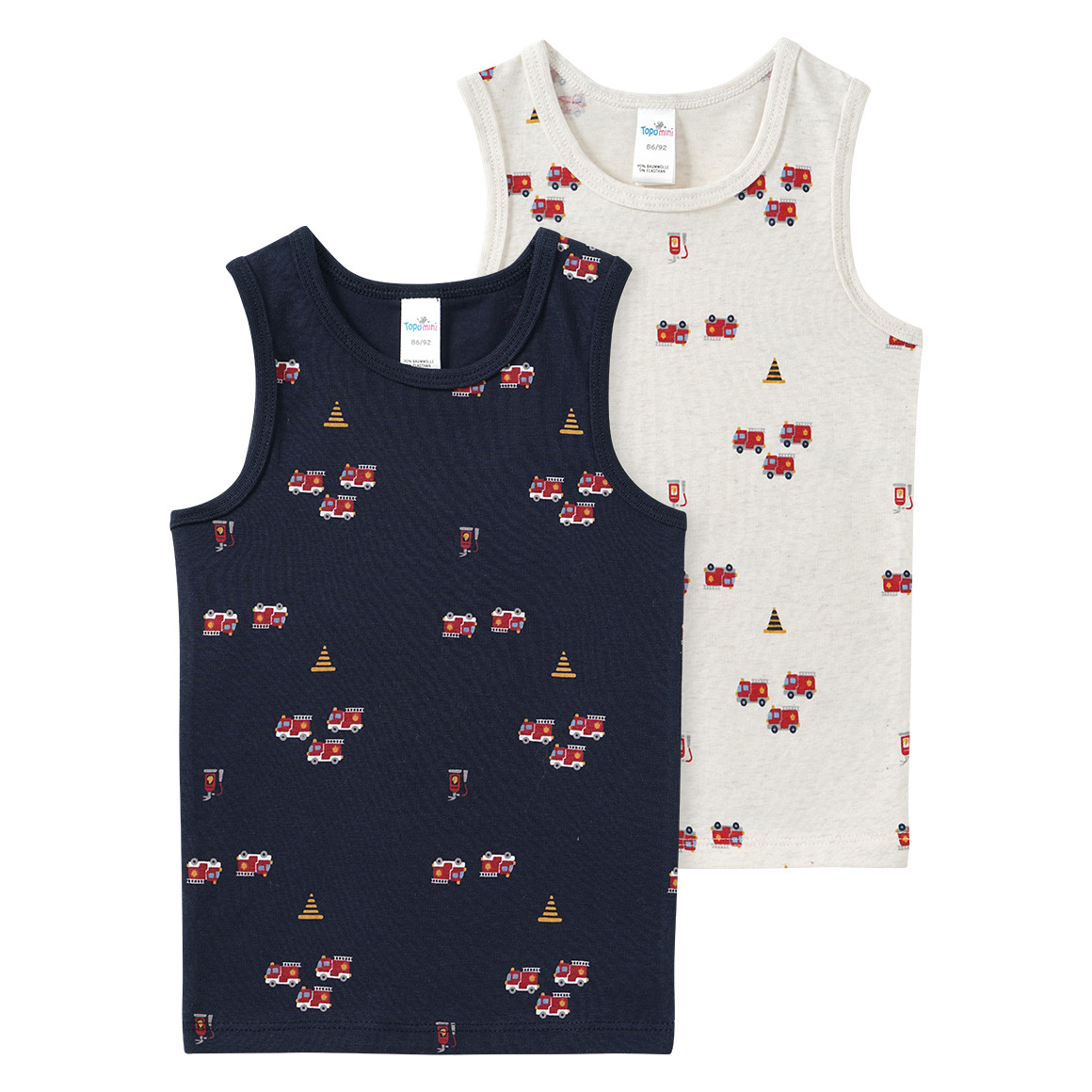 2 Baby Unterhemden mit Feuerwehr-Motiven von Topomini
