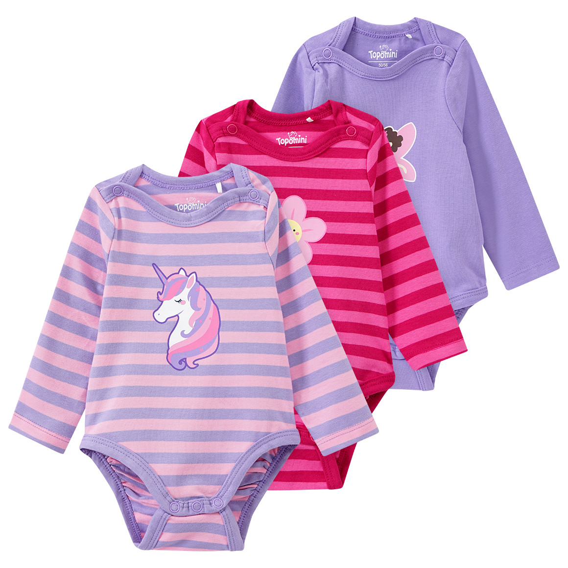 3 Baby Langarmbodys mit verschiedenen Prints 3 Baby Langarmbodys mit verschiedenen Prints von Topomini