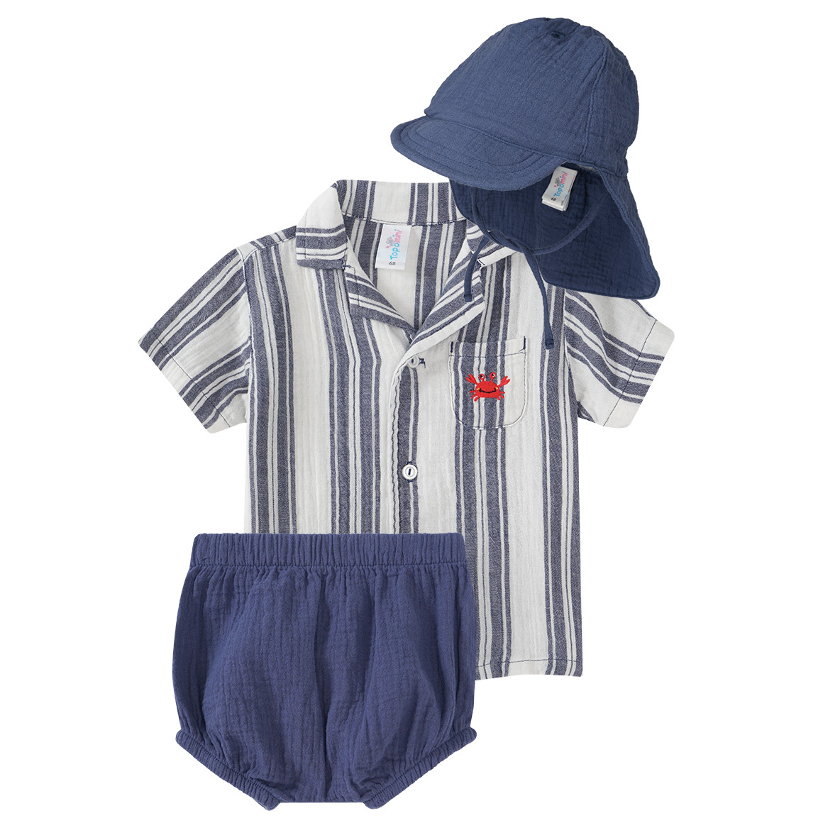 Newborn Set aus Musselin-Hemd, Shorts und Hut Newborn Set aus Musselin-Hemd, Shorts und Hut von Topomini