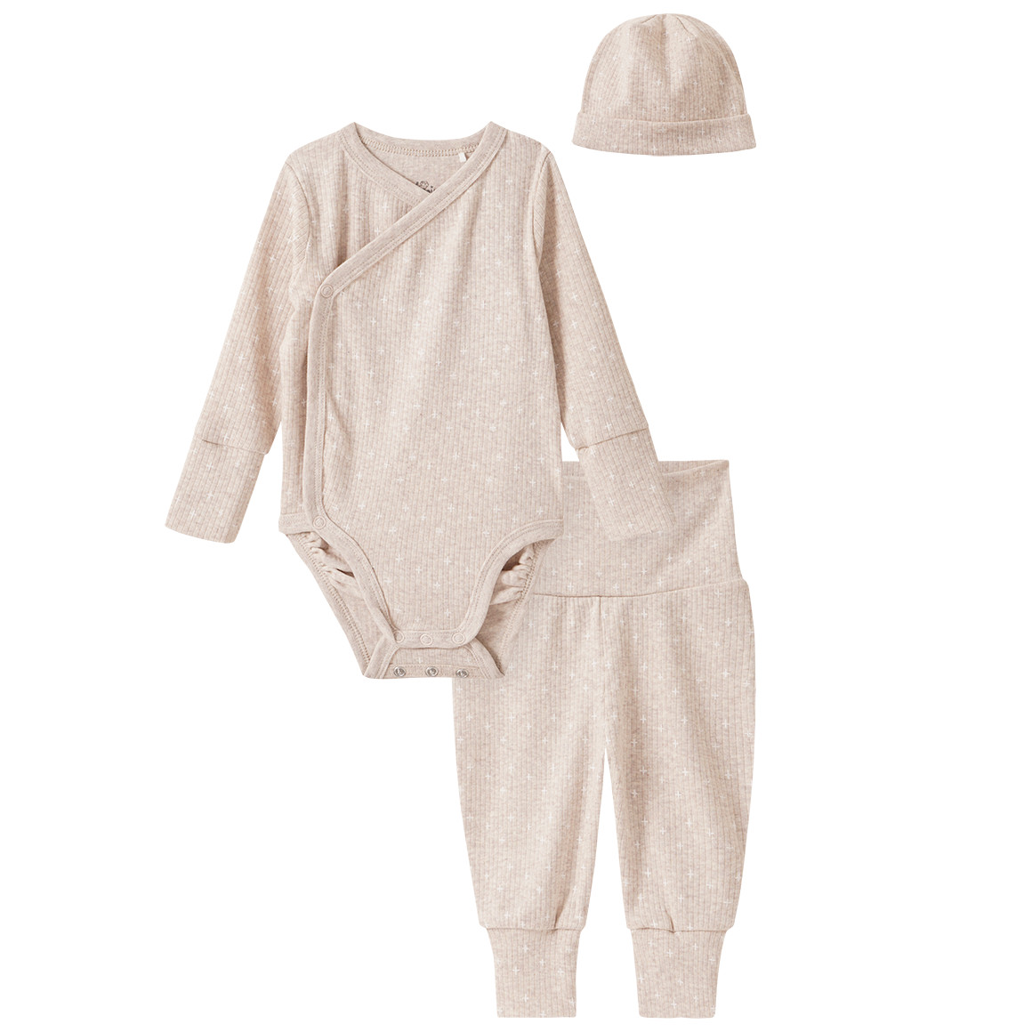 Newborn Set aus Wickelbody, Hose und Mütze von Topomini
