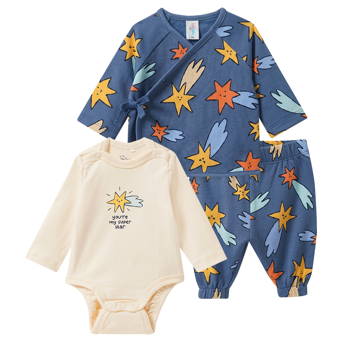 Newborn Set mit Wickeljacke, Hose und Body von Topomini