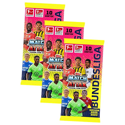 Match Attax Bundesliga Karten Saison 2022/2023 Topps Bundle - 3 Booster Sammelkarten + 10 Originale Hüllen von Topps / STRONCARD