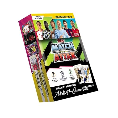 Topps Match Attax 23/24 Booster Tin 3 – enthält 42 Match Attax Karten plus 2 exklusive Artists of the Game Limited Edition Karten von Topps