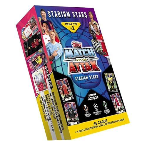 Topps Match Attax 23/24 - Mega Tin 2 - enthält 66 Match Attax Karten Plus 4 Exklusive Limitierte Stadium Stars Karten von Topps