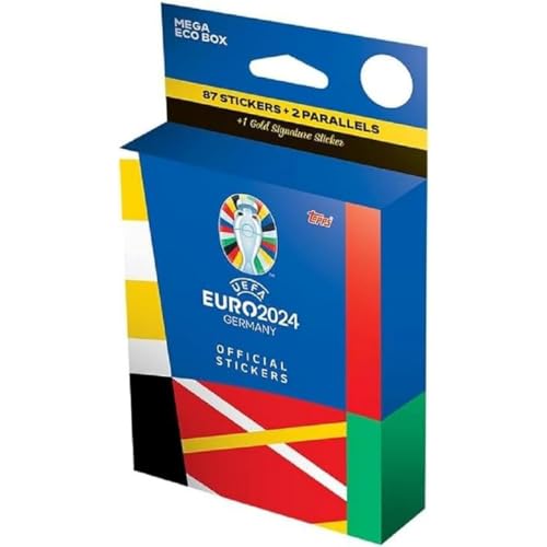 Topps Official EURO 2024 Sticker Collection - Mega Eco Box - enthält 87 EURO 2024 Sticker, 2 Parallelsticker und 1 Gold Signature Series Sticker. von Topps