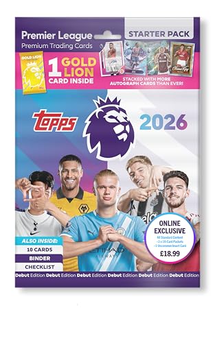 Topps Premier League 2026 - Debüt-Edition - Starter Pack (Online-exklusiv). Enthält 30 Karten, eine Gold Lion-Karte und eine zufällige Bonus-Insert-Karte (Pro-Precision, Beast Mode oder Headlines). von Topps