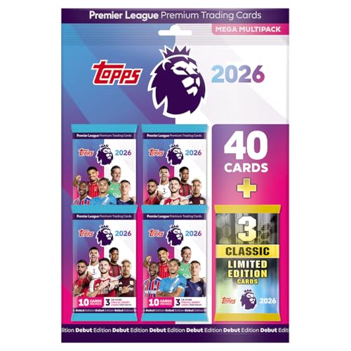 Topps Premier League 2026 - Debut Edition - Mega Multipack - Enthält 40 Karten plus 3 zufällige Classic LE Karten von Topps