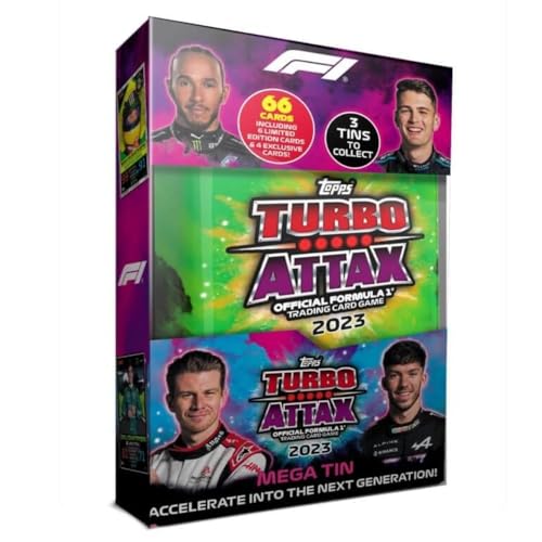 Topps Turbo Attax Formel 1 2023, Sammelkarten - Mega Tin (Lila) enthält 66 Turbo Attax Karten, darunter 5 zufällige Limited Editions und 4 exklusive Karten. von Topps
