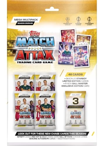 Topps UCC Match Attax 2025/26 - Mega Multipack - enthält 48 Match Attax Karten plus 3 zufällige Star Boy LE's und eine zufällige Ball Master LE-Karte Topps UCC Match Attax 2025/26 - Mega Multipack - enthält 48 Match Attax Karten plus 3 zufällige Star Boy LE's und eine zufällige Ball Master LE-Karte von Topps