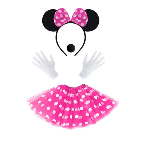 Topzora Damen Maus Mouse Kostüm Rosa Tutu mit weiß Gepunktet + Haarreifen mit Maus Ohren und Schleife + Handschuhe + Nase für Fasching Karneval Motto Party（Rosa） von Topzora