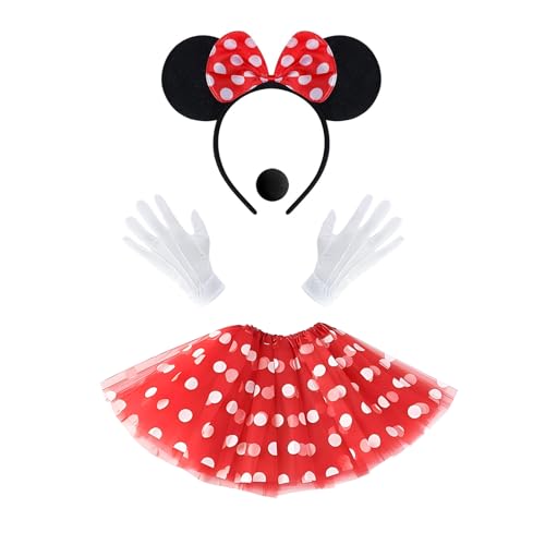 Topzora Damen Maus Mouse Kostüm Rot Tutu mit weiß Gepunktet + Haarreifen mit Maus Ohren und Schleife + Handschuhe + Nase für Fasching Karneval Motto Party von Topzora