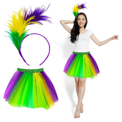 Topzora Regenbogen Kostüm Damen, Tüllrock Regenbogen Damen, Regenbogen Rock Damen Tüll mit Bunt Feder Stirnband für Karneval, Halloween, Kostümparty, Mottoparty-Gelb Grün Lila von Topzora