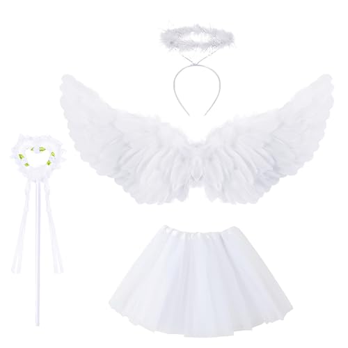 Topzora Weiß Engel Kostüm Damen, Engelsflügel Weiß,Engelsflügel Weiß mit Tütü Rock,Heiligenschein und Zauberstab für Halloween, Mottoparty, Karneval,Kostümparty von Topzora