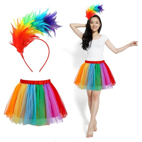 Topzora Regenbogen Kostüm Damen, Tüllrock Regenbogen Damen, Regenbogen Rock Damen Tüll mit Bunt Feder Stirnband für Karneval, Halloween, Kostümparty, Mottoparty von Topzora