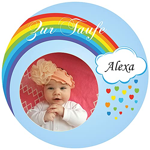 Tortenaufleger Taufe Geburt Geburtstag Einschulung mit Foto und Text (Fondant, Dekorpapier Plus oder Oblatenpapier Rund Ø 20 cm, inkl. Ausschneideservice) von Tortenpixel