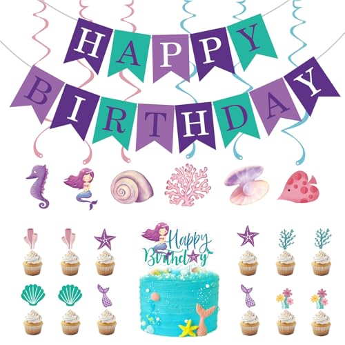 Torytoe Meerjungfrau Geburtstag Deko, Happy Birthday Banner Geburtstagsdeko Hängende Wirbel Meerjungfrau Ocean Theme Tortendeko Geburtstag Party Dekoration für Frauen Mädchen von Torytoe