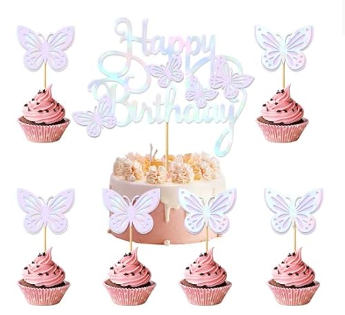 Torytoe Schmetterlinge Tortendeko, 7 Stück Laser-glänzende Happy Birthday Kuchendeko Cake Topper Geburtstag Tortendeko Mädchen für Hochzeit Themenparty Kuchendekoration von Torytoe