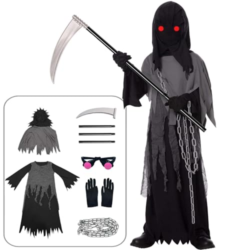 Tosekry Halloween Kostüm Kinder Jungen Sensenmann Kostüm Kinder, Halloween Kostüm Jungs Halloween Kostüm Jungen Kostüm Kinder Sensenmann mit Sense, Leuchtende Sense Brille und Ketten(10-12 Jahre) Tosekry Halloween Kostüm Kinder Jungen Sensenmann Kostüm Kinder, Halloween Kostüm Jungs Halloween Kostüm Jungen Kostüm Kinder Sensenmann mit Sense, Leuchtende Sense Brille und Ketten(10-12 Jahre) von Tosekry