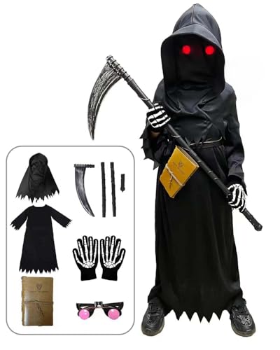 Tosekry Halloween Kostüm Kinder Sensenmann Jungen Mit Death Notebook, Leuchtender Brille, Sense und Handschuhen (11-12 Jahre) von Tosekry