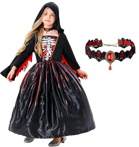 Tosekry Hexenkostüm Kinder Halloween Kostüm Mädchen, Hexenkostüm Mädchen Hexe Kostüm Kinder mit Kapuze und Einer Gothic Halskette(10-12 Jahre) von Tosekry