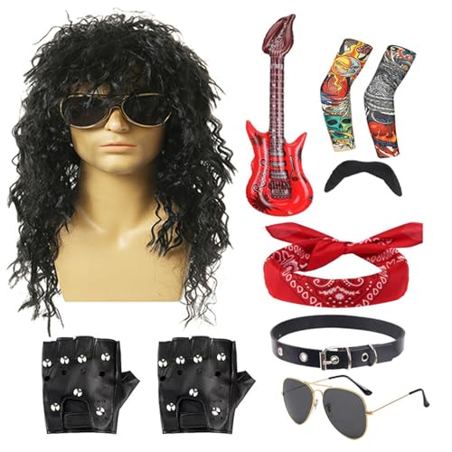 Toseky 80er-Rocker-Kostüme für Herren,80er-Rocker-Kostüm,10 Stück Rocker-Perücke mit Bandana-Sonnenbrille | Punk-Partyzubehör, inklusive Perücke, Stirnband, Kragen, Sonnenbrille, Handschuhen, Ärmeln, von Toseky