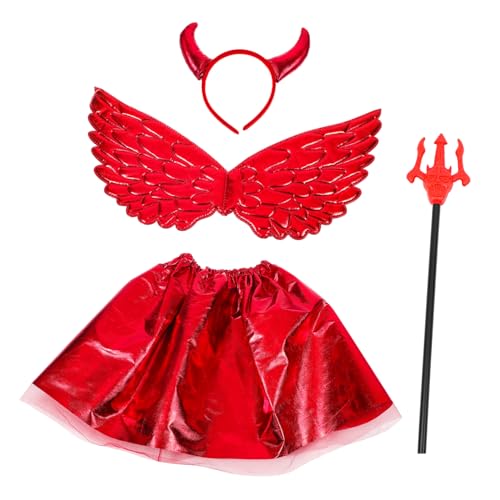 Totority 1 Satz Teufel Kostümset für Teiliges Cosplay mit Roten Netzrock Einhorn Flügel und Herzstab für Halloween und Kostümpartys von Totority