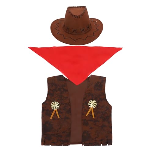 Totority Cowboy Kostümset für Western Outfit mit Weste Hut und Bandana für Halloween Karneval und Kostümpartys Braun von Totority