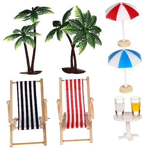 Totority Miniature Strand Dekorationsset Kokosnüsse Sonnenschirme Liegestühle Getränke Runder Tisch Resin Mikrolandschaft für Puppenhaus Büro Dekoration von Totority