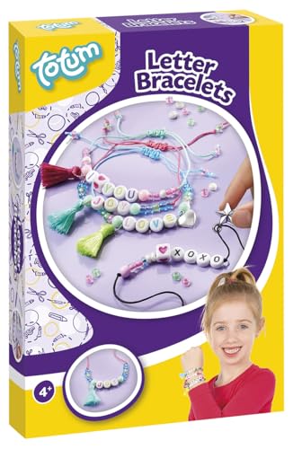 Totum 029781 Armbänder selber basteln-Schmuckbastelset für Kinder, Set aus verschiedenen Bändern und Perlen mit Buchstaben und Anderen Formen von Totum