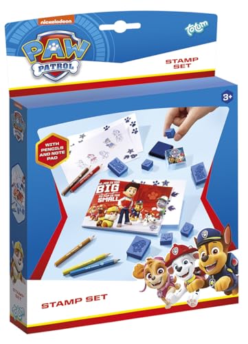 Totum 720336 Paw Patrol Marshall und Chase Stempelset/Kreativset aus 7 Motiv Stempel, Stempelkissen in blau, Malblock und 5 Buntstiften, ab 3 Jahren von Totum