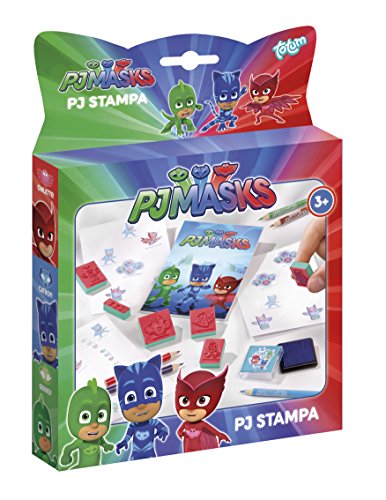 Totum PJ Masks Masks Stempel- und Mal-Set mit 6 Motiv-Stempeln der Helden Catboy, Owlette und Gekko, Stempelkissen lila, Malblock und 5 Buntstiften von Totum